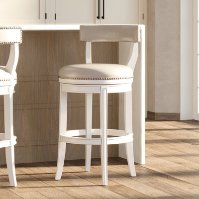 Tabouret de bar avec retour automatique à 180 degrés, 31 po Hauteur de l'assise, structure en bois blanc, revêtement en similicuir gris, pieds courbés, tabouret de retour de poids de 41,23 lb, cuir bien rembourré, 20,78 lb
