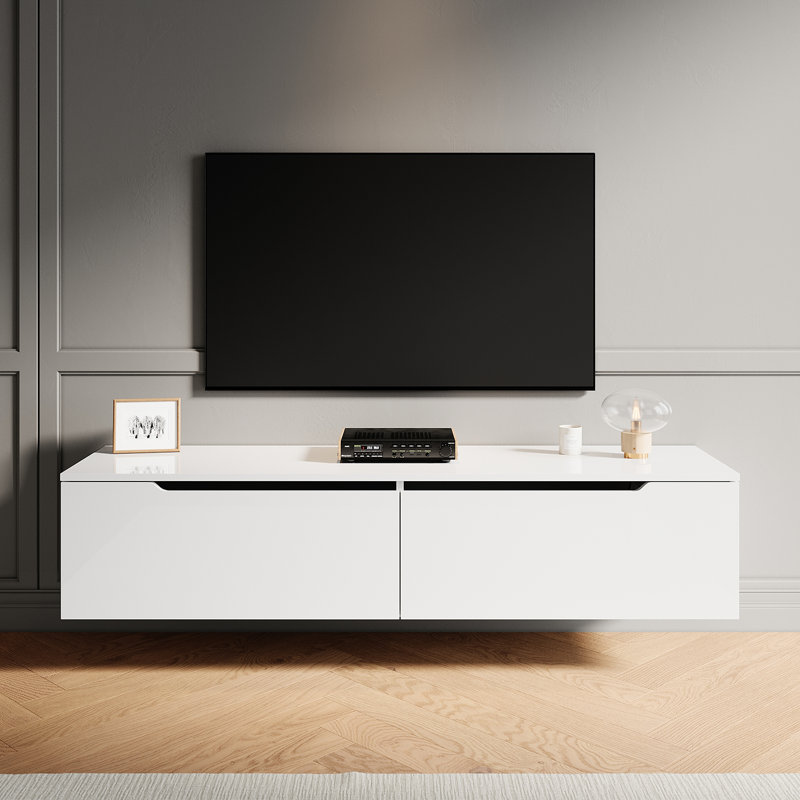 Floating TV Cabinet with RGB LED Light, Wall Mounted TV Stand, Soft Close Flip Doors Cable Hole, 30cm H x 140cm W x 35cm D