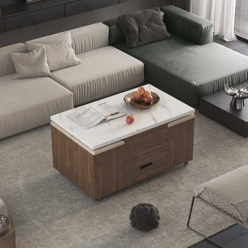 Table basse relevable avec 4 tabourets et 1 rangement caché, Brun