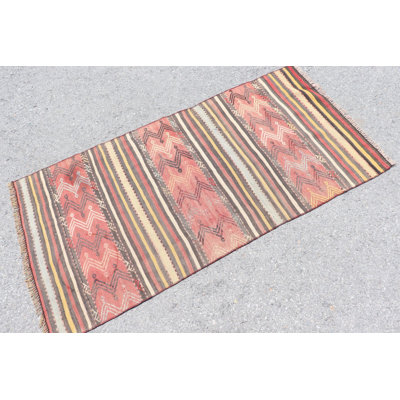 Handwoven Vintage Turkish Kilim Rug in Bohemian Decor Style with Striped Pattern - Eco-friendly Wool