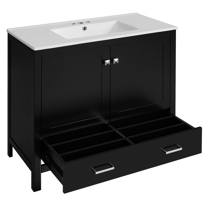 Meuble-lavabo de salle de bain avec lavabo en céramique, portes à fermeture en douceur, tablettes de rangement doubles et tiroir divisé pour un rangement de salle de bain spacieux et organisé