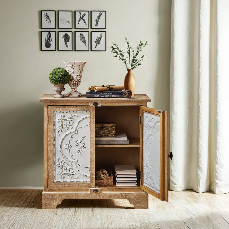 Delkeith Retro Solid Wood 2 Door Storage Accent Cabinet, Natural