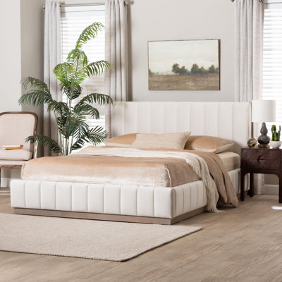 Baxton Studio Granger Velvet Upholstered Platform Bed With Channel Tufted Headboard, Modern Low Profile Bed Frame, Alabaster White, Queen
