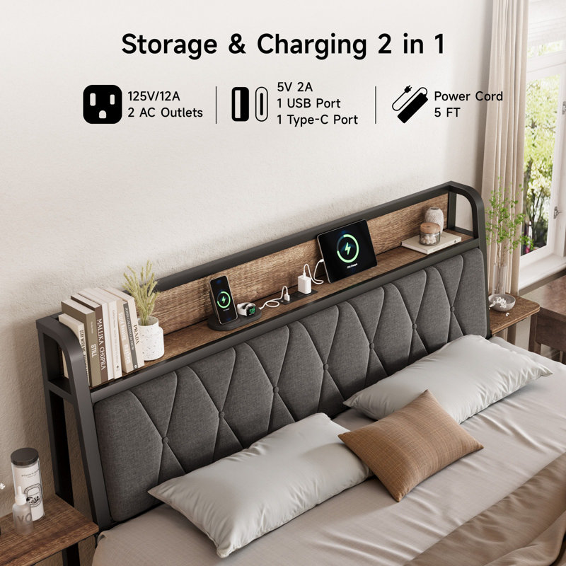 Black Queen Upholstered Platform Bed with Charging Station and Storage Shelf