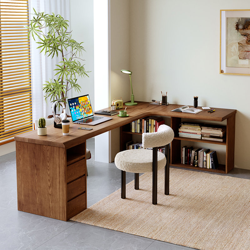 Bureau en bois massif en forme de L brun noyer avec 3 tiroirs, H 29,53 po x l 62,99 po x P 47,24 po, Retour à droite