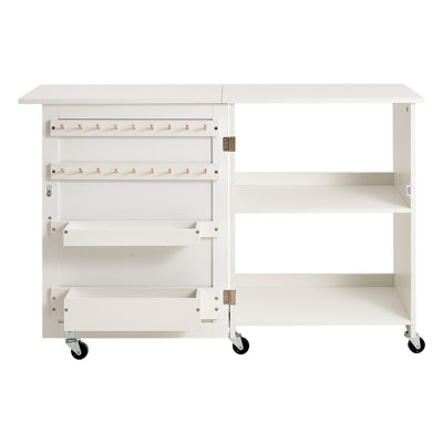Table de machine à coudre pliante blanche avec roues verrouillables, support à fil et tablettes de rangement - Bureau d'artisanat compact pour Home Studio