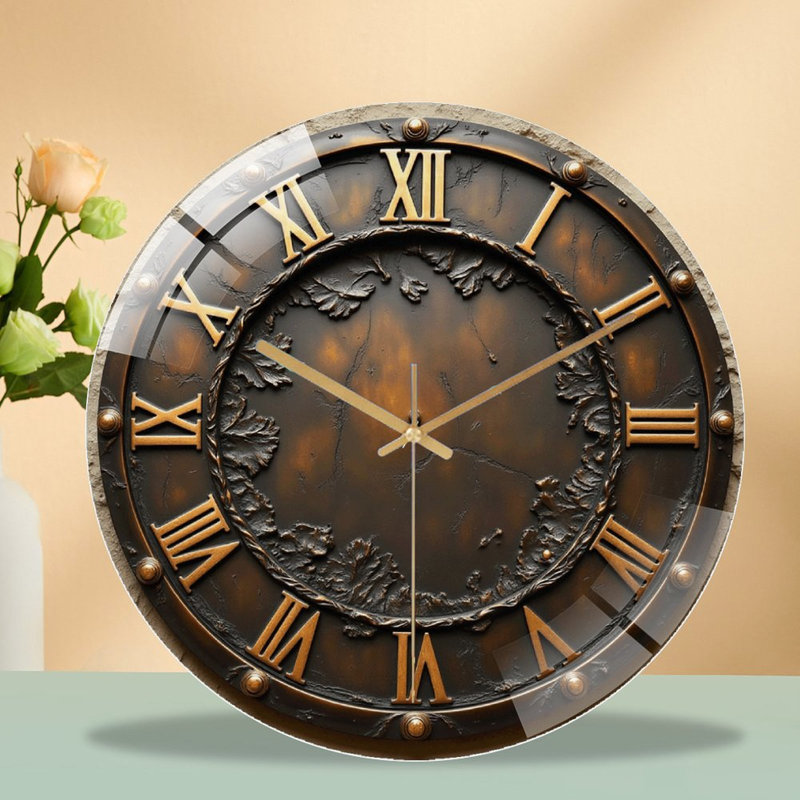 Vintage Bronze Wall Clock with Roman Numerals Art - 12'' Modern Glass Wall Clock