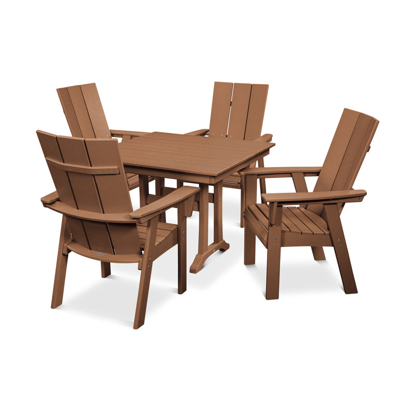POLYWOOD Modern Curveback Adirondack 5-Piece Farmhouse Trestle Dining Set, Teak