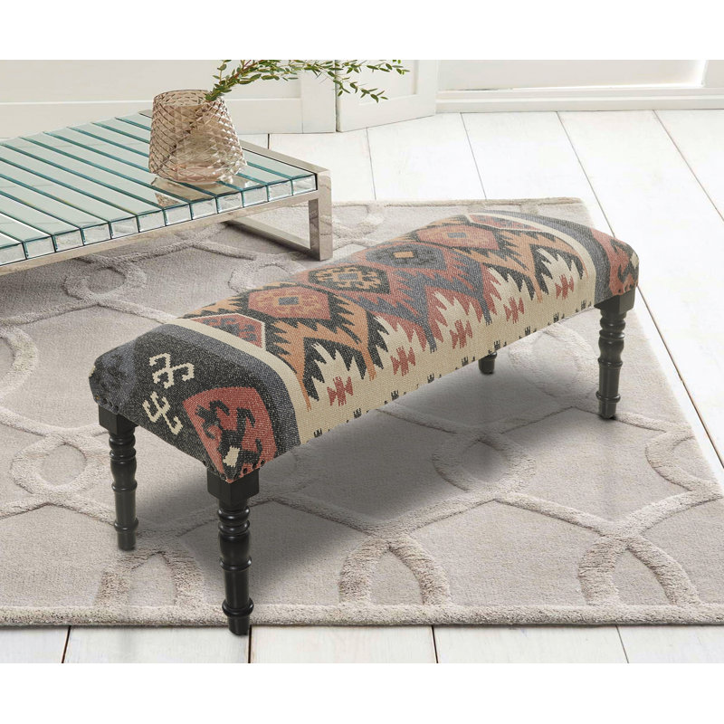 Southwestern Multicolor Fabric Upholstered Backless Bench with Wood Legs