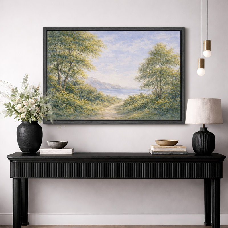 «Serene Coastal Path», œuvre d'art sur toile encadrée, impression sur toile encadrée, H 16 po x l 24 po, Cadre flottant noir
