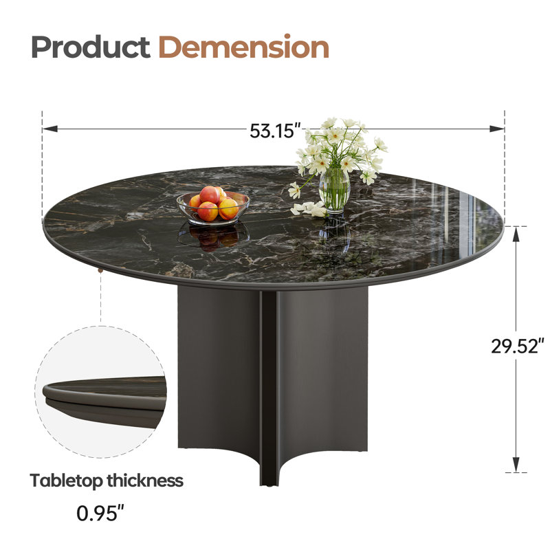 Modern 53" Black Round Ceramic Sintered Stone Dining Table with Stainless Steel Base（Table only）, Black