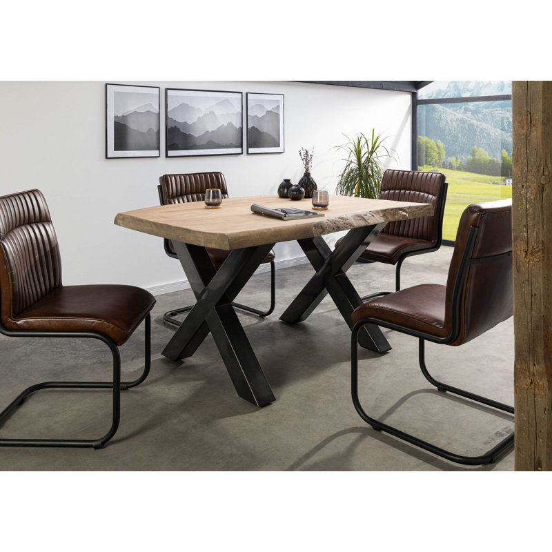 Solid Wood Top Metal Base Dining Table, Beige, Anthracite, 77 cm H x 140 cm L x 90 cm D