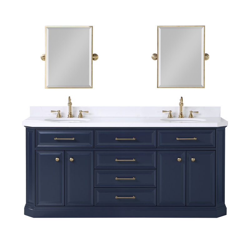 Palace 72" Carrara Quartz Countertop Bath Vanity in Monarch Blue with Faucet and Mirror