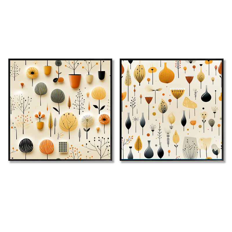 Mcm Minimalist Charm - Abstract Shapes Square Collage Set Of 2, 16" H x 33" W, Black Floater Framed