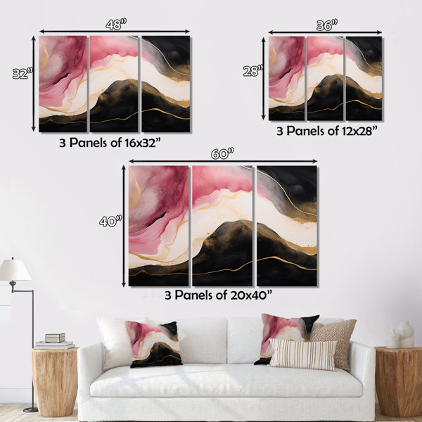 Mercer41 Abstract Gold Wave Pink And Black - Abstract Wall Art Living ...