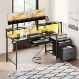 Harleysville Gaming Desk with Led Lights and Built-in Power Socket,Reversible Desk with Monitor Shelf and Cabinet ,Computer Desk with Pull-out Keyboard Tray