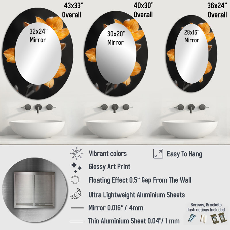 Fragrant Fusion Orange Black Orchids Photo I - Orange Traditional Oval Wall Mirror, 43" x 33"