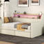 Lit de jour simple rembourré beige avec espace de rangement, fonction de charge à DEL et tiroir de chargement, lumières pour une nuit de détente paisible