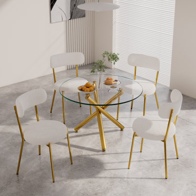5 Piece Round Gold Glass Dining Table Set for 4