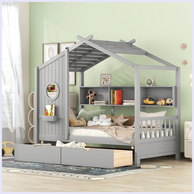 Lit moderne en bois avec 2 tiroirs et tablette de rangement, Simple, gris
