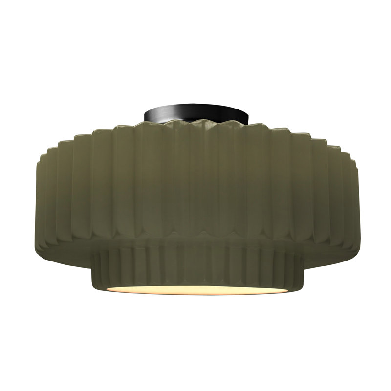 Radiance Ceramic Pleated Semi-Flush Mount, 8" H x 16.5" W x 16.5" D, Matte Green, Matte Black
