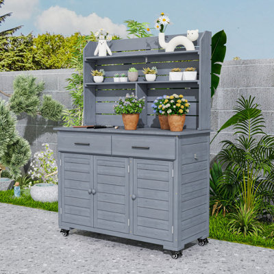 65" Garden Potting Bench with Hutch & Cabinets, Rolling Outdoor Kitchen Island and BBQ Prep Cart