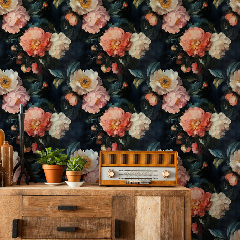 Papier peint floral pivoine foncé