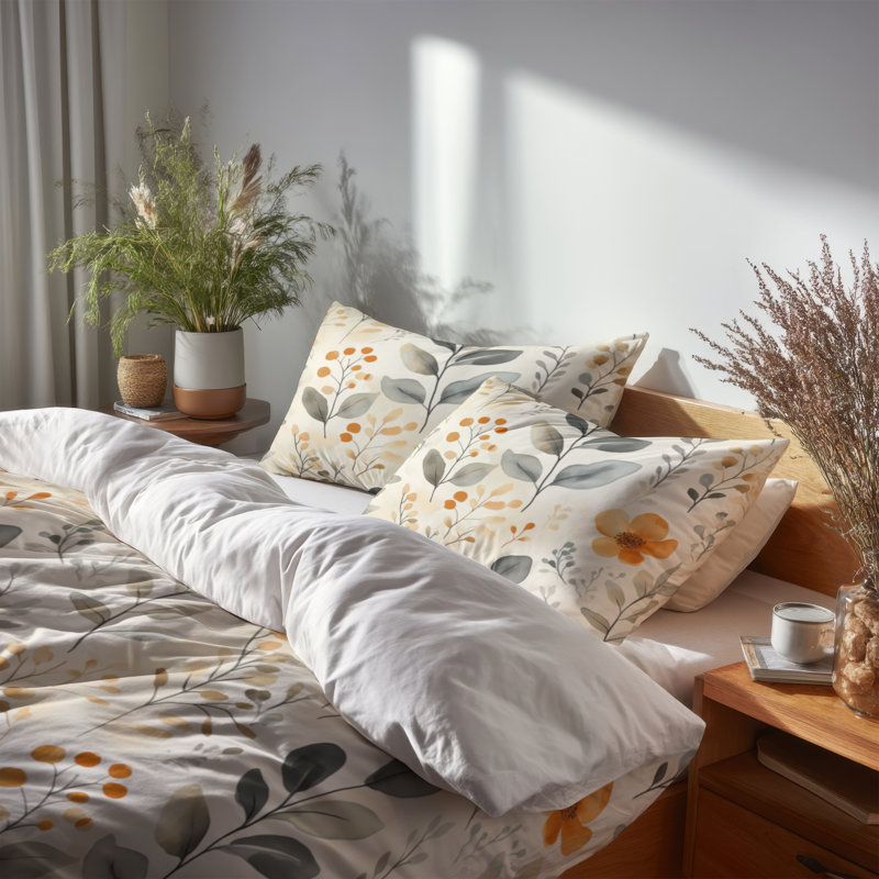 Boho Bedding Set Of 3 - Orange Botanical Sand Garden Duvet Cover And Cushion Set, Queen Duvet Cover + 2 Standard Shams