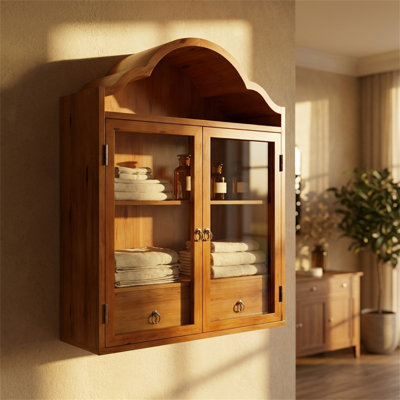 Wall Cabinet, Solid Wood with Wavy Front, Vintage Country Style, Wall-mounted Storage Unit, Brown