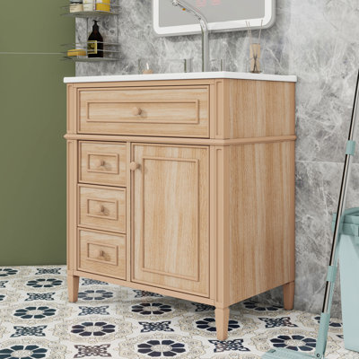 Meuble-lavabo élégant avec lavabo en céramique, charnières à fermeture en douceur, tiroir inclinable et rangement spacieux