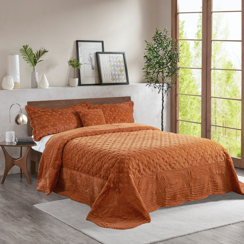 Ensemble de courtepointe en similifourrure de 4 pièces Tatami, Couvre-lit très grand + 3 pièces supplémentaire, Orange brûlé
