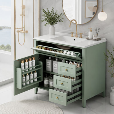 Meuble-lavabo de salle de bain avec lavabo, armoire moderne en bois aggloméré et en bois d'hévéa, 3 tiroirs, tablette réglable, autoportant pour le rangement et l'organisation (porte de gauche)