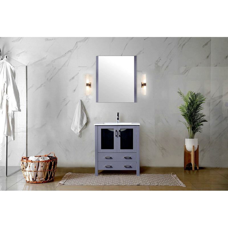 Dark Grey Bath Vanity 30 In. W X 18.25 In. D, White Ceramic Top, Faucet Set, And 28 In. Mirror