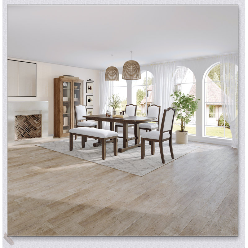 Ensemble de table de salle à manger extensible en bois 6 pièces avec rallonge amovible, chaises rembourrées et banc pour une assise confortable