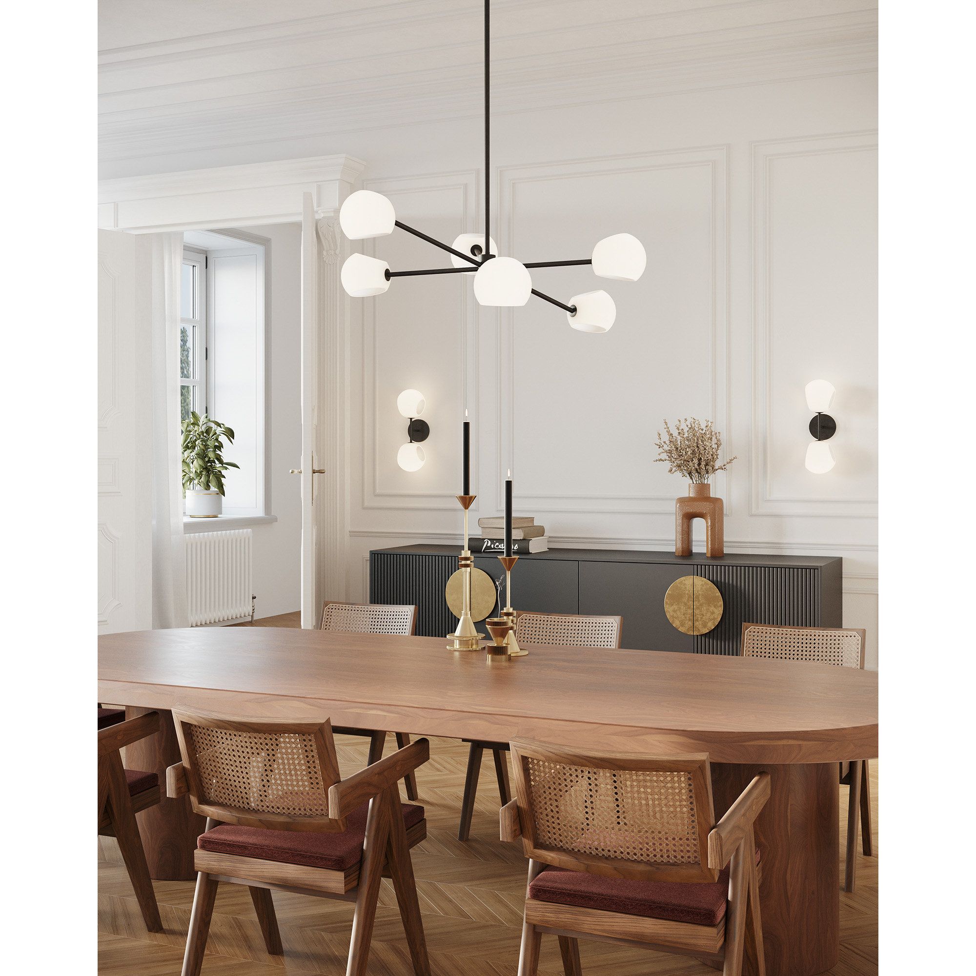 Willow 6 - Light Metal Sputnik Chandelier, Opal Matte, Matte Black