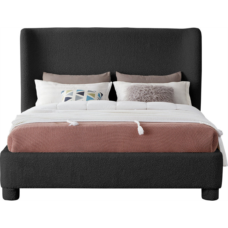 Lit à panneau tapissier Ivyann, Très grand, Tissu bouclé noir