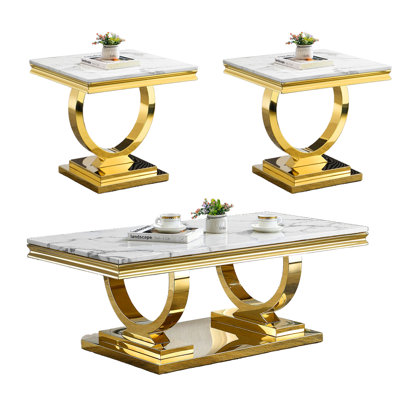 3 Pieces Living Room Table Set, White Faux Marble Coffee Table with 2 End Side Tables, Modern Coffee Table Set of 3 with Stainless Steel Base for Apar by Mercer41