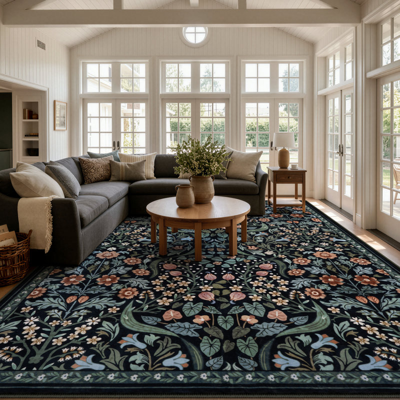 Kaldi Floral Washable Area Rug – Intricate Nature-Inspired Design, Non-Slip Soft Floor Mat for Living Room, Bedroom, and Entryway