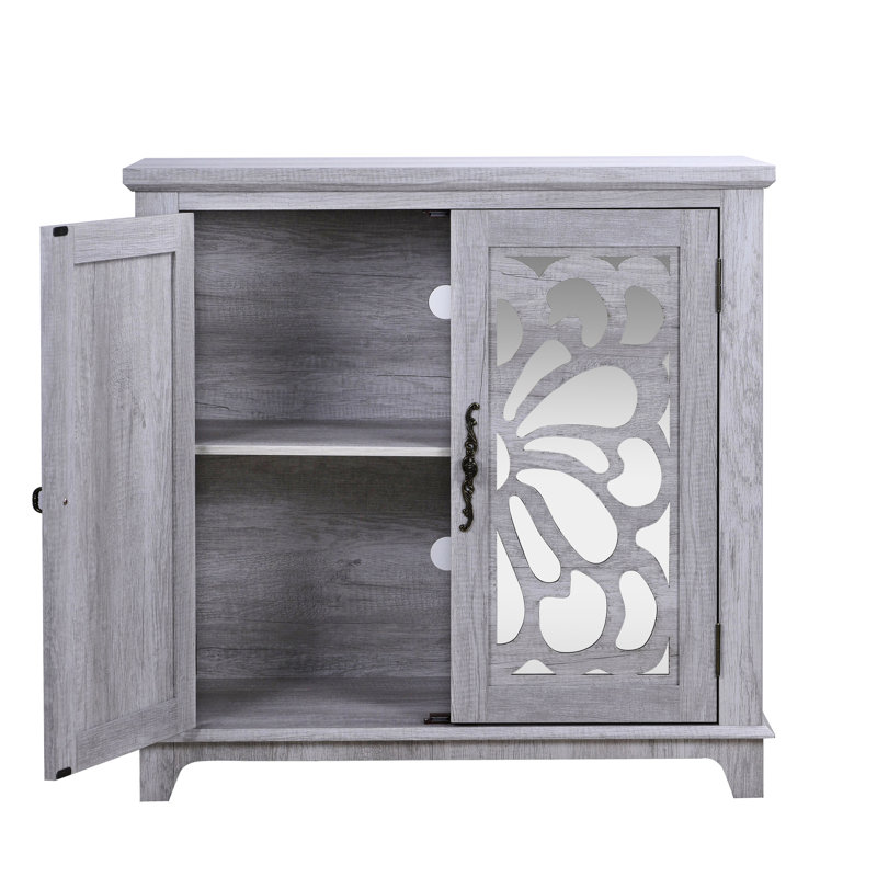 Buffet gris élégant avec portes miroir décoratives, motifs papillon, aspect bois 3D, montage facile, idéal pour la décoration intérieure et comme buffet, étagère réglable, polyvalent et parfait pour la cuisine.