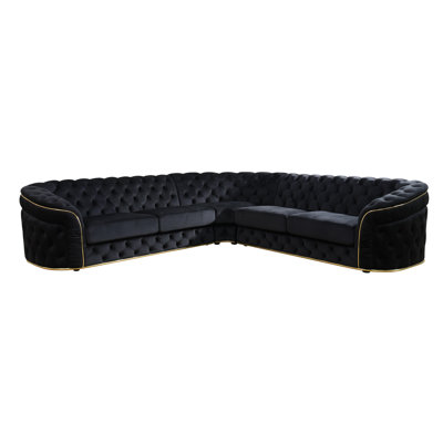 3-Piece Button Tufted Black Flannel Upholstered Sectional