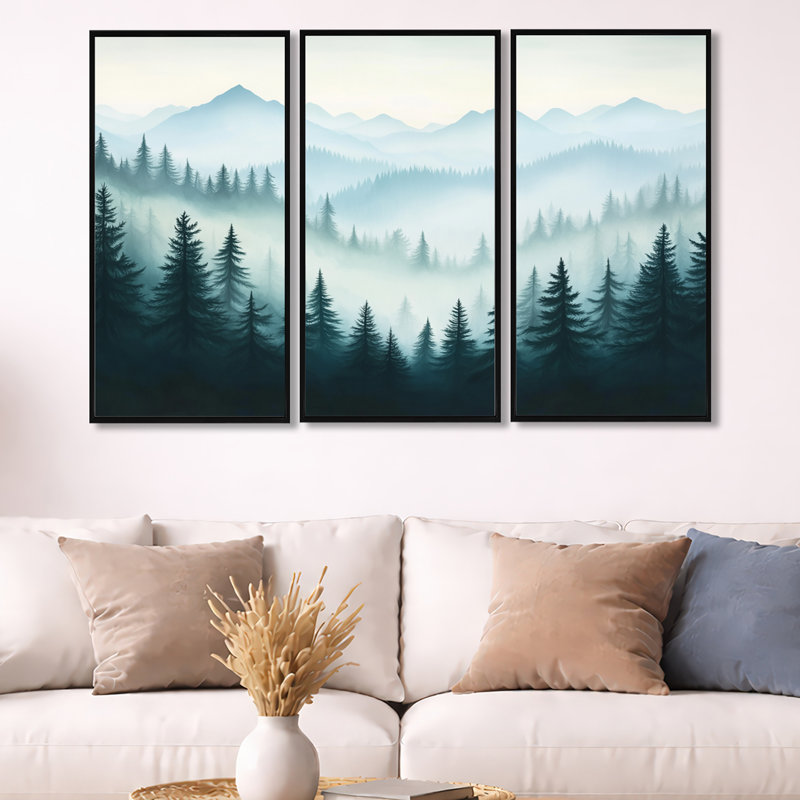 Hiver, art mural pin, forêt enneigée, ensemble de 3 toiles encadrées Jamarion, H 32 po x l 48 po, Cadre flottant noir
