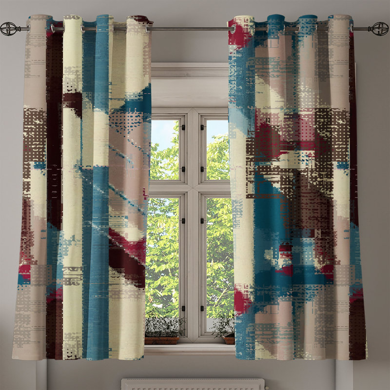 Dakota Fields Grunge Grommet Curtain Jumble Abstract Stripes Art 50" x 96" Cream Raspberry Sea Blue, 50" W x 63" L