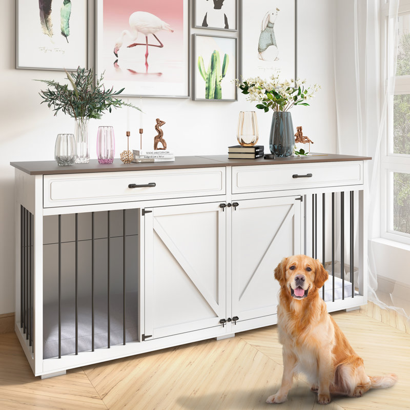 White Wooden Dog Crate with Room Divider and Drawers