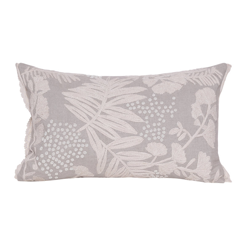 Housse de coussin rectangulaire 100% lin et insert, Polyester, Ivoire / fleurs beiges