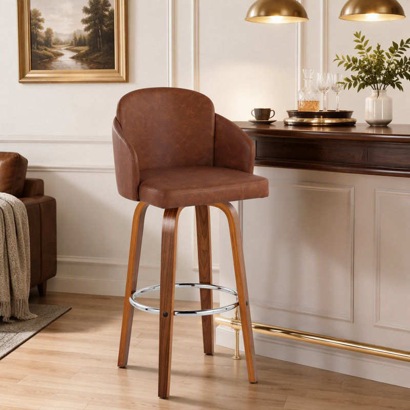 Tabouret de bar à hauteur fixe en bois de noyer et similicuir brun clair avec repose-pieds rond chromé - ensemble de 2