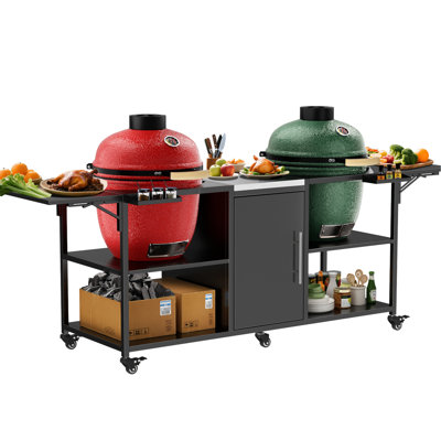 Metal Grill Table For Outdoor Use - Compatible With Two Big Egg, 18", , Black And Silver Color, 106.92 Lb Weight, 34.78 In Height, 25.83 Width, 102.61 Depth, 6 360 Wheels 4 Lockable, Open Shelves, 2