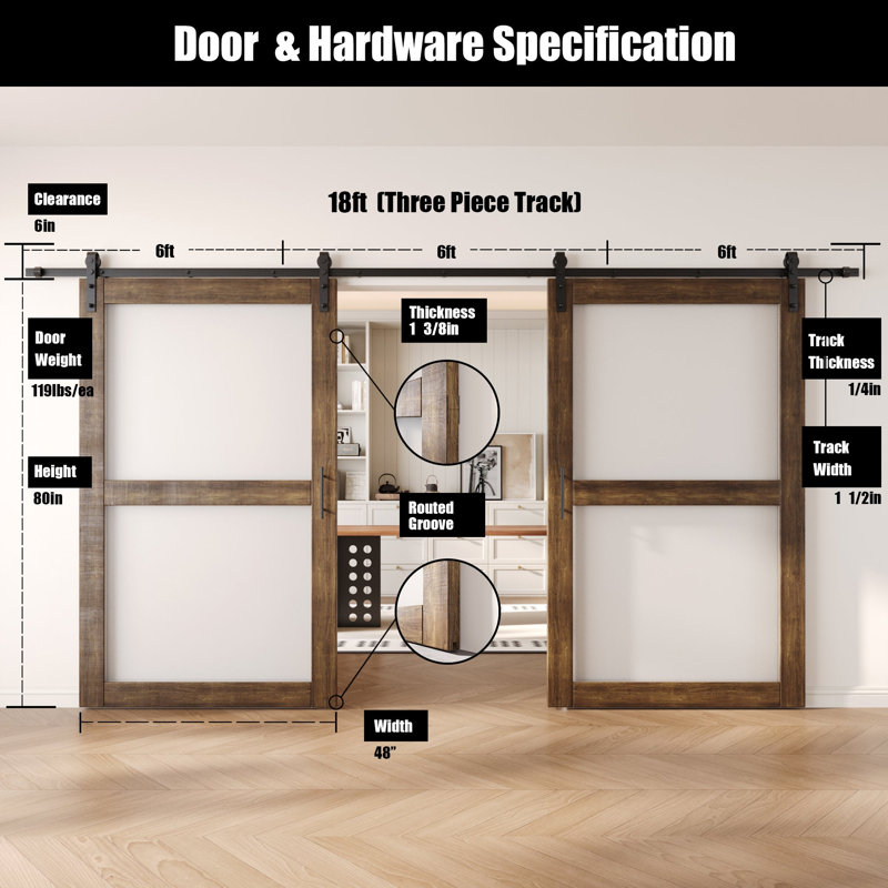 Portes de grange non assemblées et finies en verre noyer double 48 po x 80 po Homquer, 48 po x 80 po