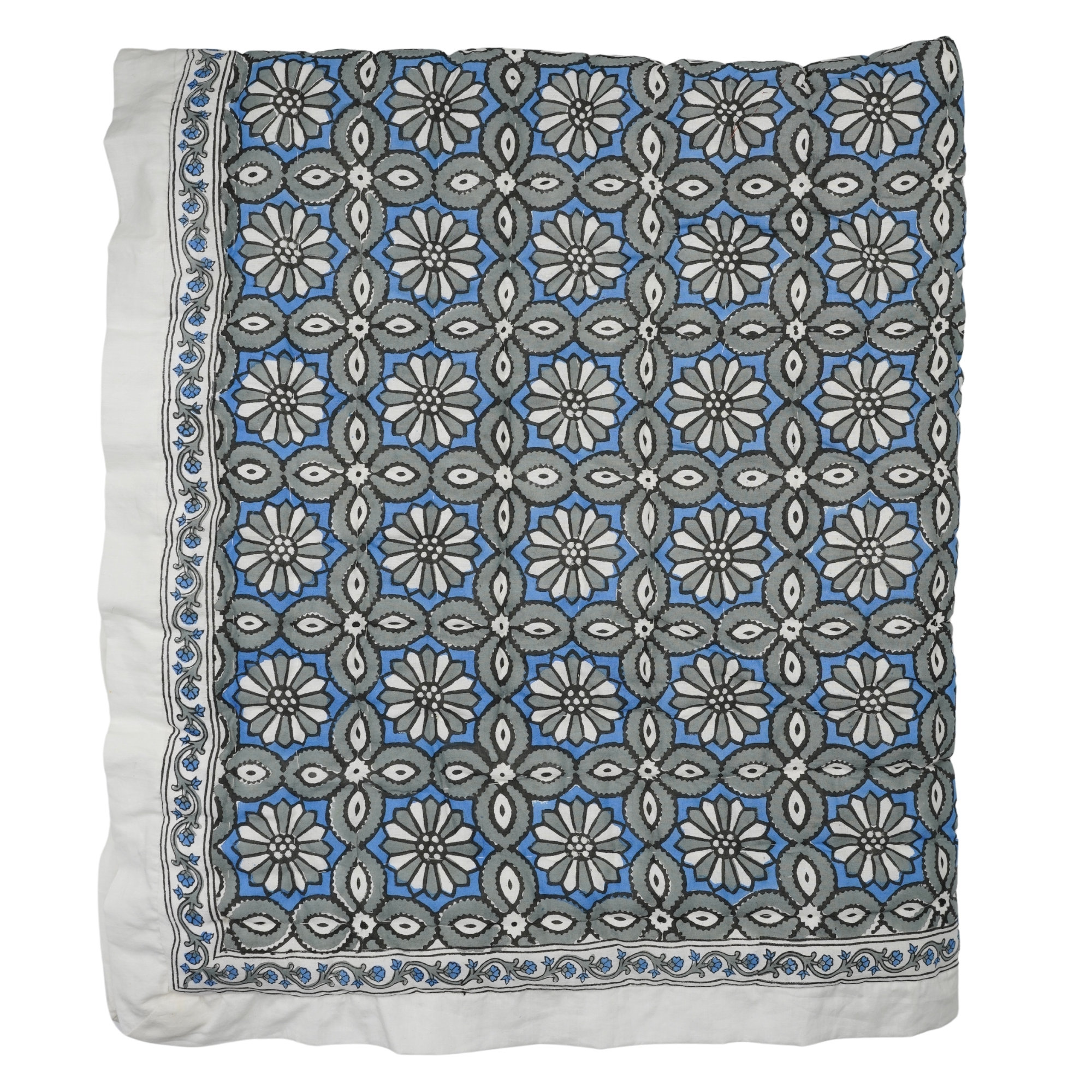 Fabdivine Luxury Block Print Cotton Quilt Floral Boho Bedding for Bedroom & Sofa, King Us, Blue/Gray/White