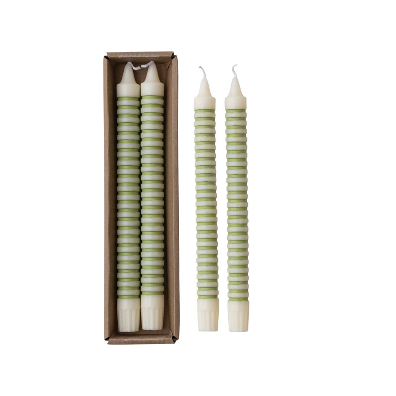 Unscented Horizontal-Striped Taper Candles In Box, Green