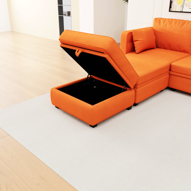 Wide Reversible Modular Sofa & Chaise with Ottoman, Orange Linen